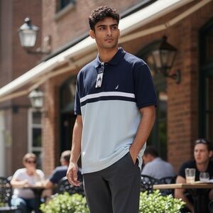 Nautica Men’s Navy and Light Blue Colorblock Polo Shirt